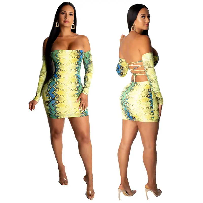 

90623-MX56 snake printed backless off shoulder summer mini dress women