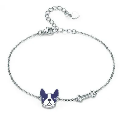 

Lovely Animal Head with Bone Shape Enamel 925 Silver Dog Bracelet