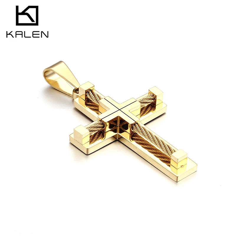 

Kalen Stainless Steel Cross Jewelry Black Silver 18K Gold Vacuum Plated Paved Wire Cross Pendants Necklace For Men