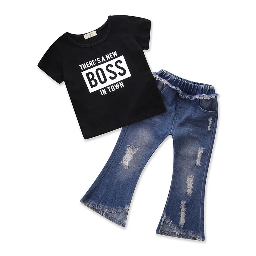 

Kids Baby Girls Clothes Set Short T-shirt Tops Denim Long Pants Jeans Hole Outfits Girls Clothing Sets, Black+blue