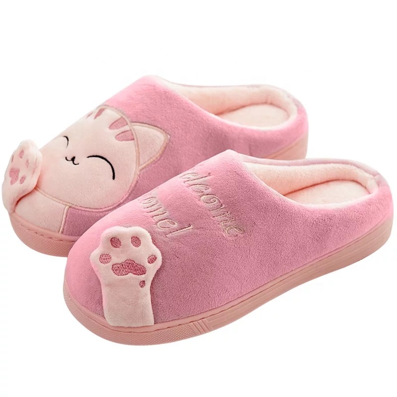 

Cute animal cat home plush couple warm winter slipper with thick sole
