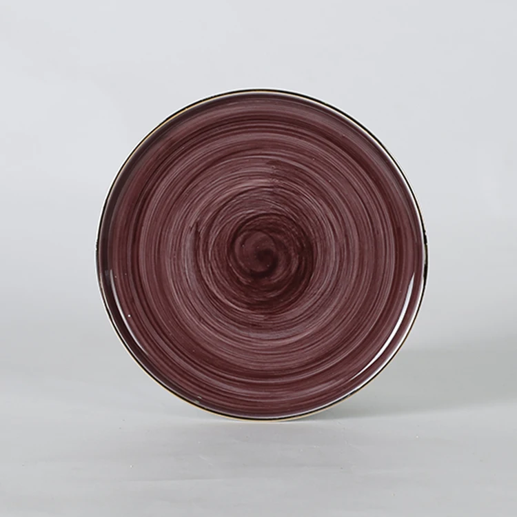 Home goods bulk various color flat purple spiral 7.5 inch cheap ceramic plate with gold edge