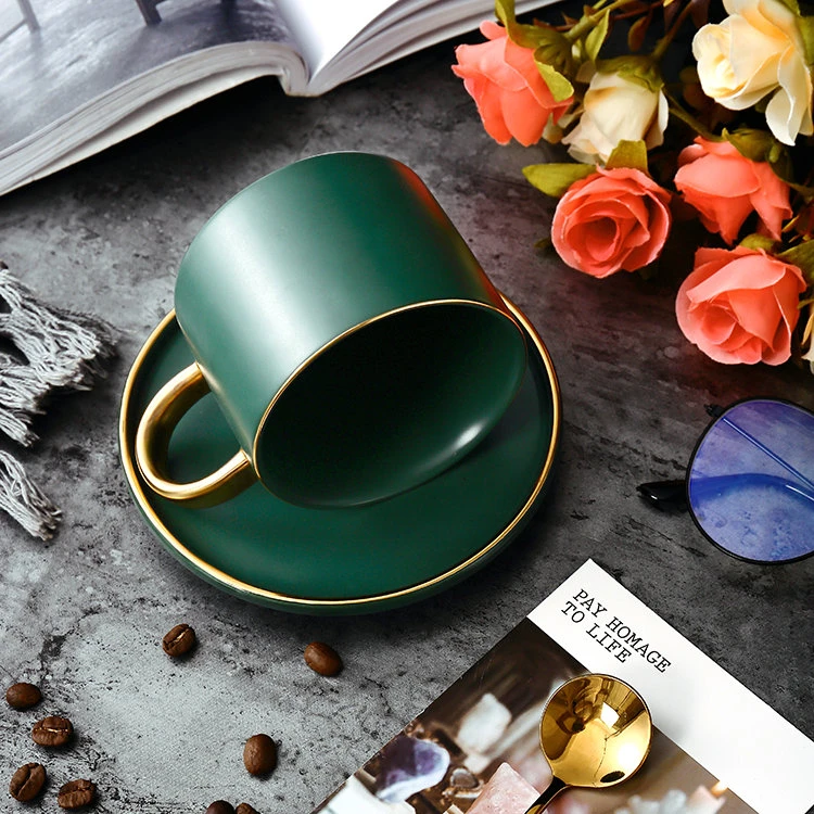 

Modern design deep green latte coffee tea porcelain cup saucer with gold rim, Customized color