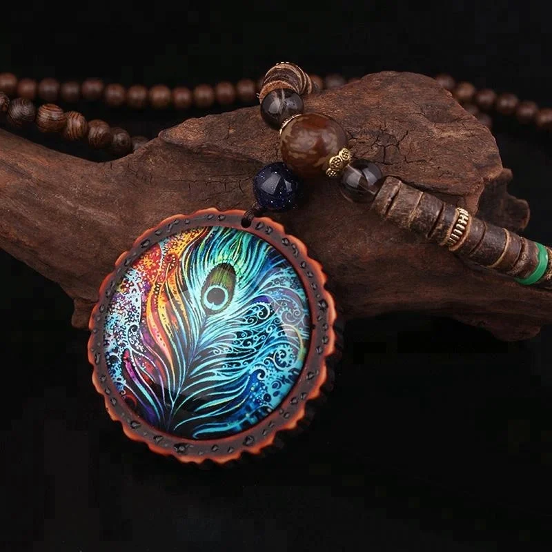 

New design fashion peacock feather ethnic necklace,Nepal jewelry handmade sandalwood long sweater vintage jewelry necklace, N/a