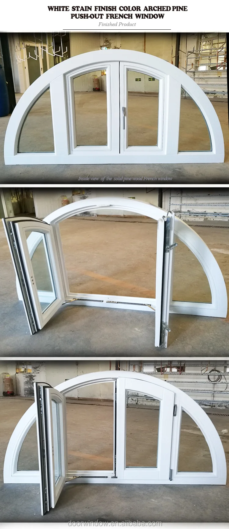 Canadian pine wooden arched top French push out windows