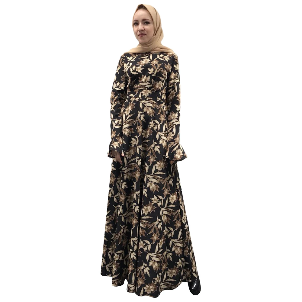 

2018 Modest Islamic Abaya Turkey Long Casual Muslim Dress Flower Maxi Dress, Black;printed flower