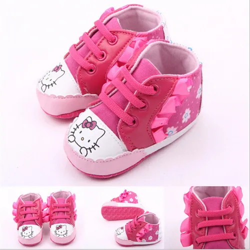 2015 Lovely Cartoon Hello Kitty Baby Shoes Soft Sole Lace Up Newborn Shoes First walkers Freeshipping