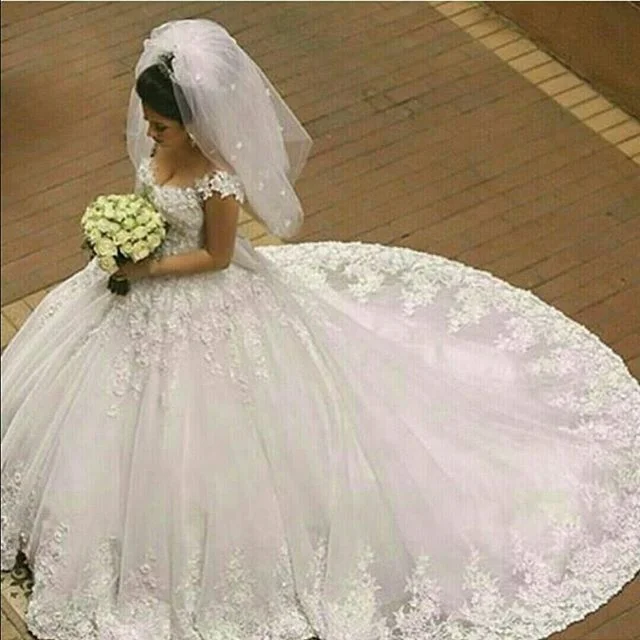 

Vestido de Noiva Off Shoulder Applique Lace Robe De Sweetheart Puffy Ball Gown Bridal Wedding Dresses MWA316