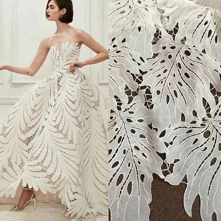 

High quality elegant openwork white lace fabric French lace embroidered evening dress