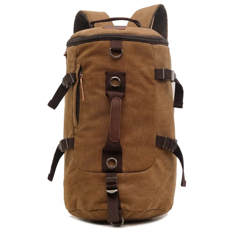 复古生态棉户外帆布行李袋,徒步野营大容量圆筒帆布旅行背包
