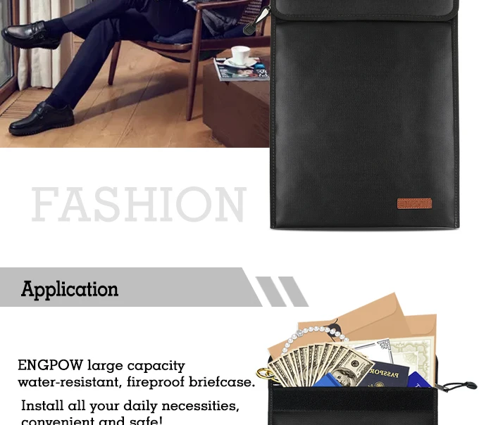 Fireproof bag fiberglass, fire resistant document bag Black