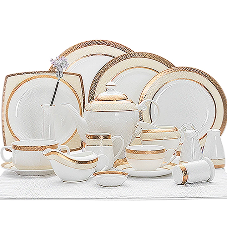 

Royal Elegance White Color Bone China Porcelain Dinner Plates Wholesale, Gold, as picture showed