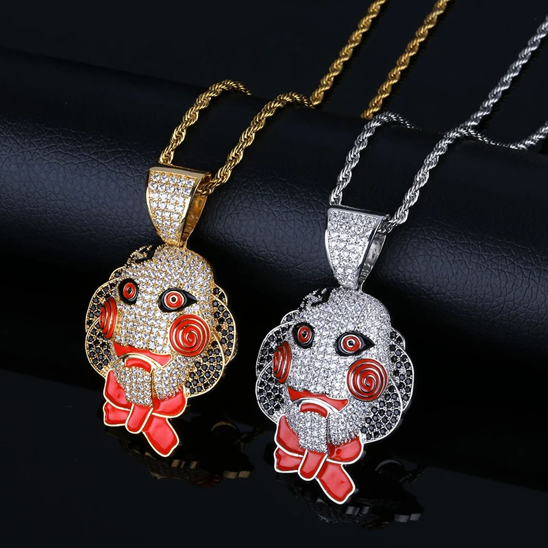 

Europe Chainsaw Fright Jigsaw Mask Doll Pendant Necklace For Men Halloween Full Zircon Hip Hop Necklace (KHP018), As picture