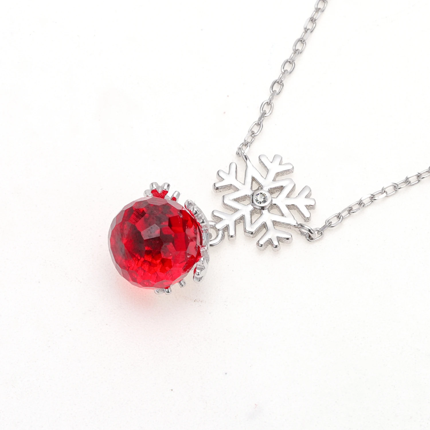 

925 sterling silver snowflake red ball necklace like winter snow embellished ruby brilliant light, As customer request