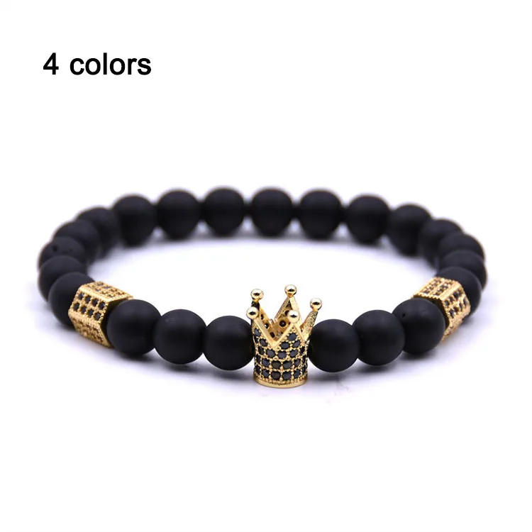 

BN2016 Newest design natural matte onyx bead bracelet for men,gold plated crown charm bracelet with black diamond, Black&gold