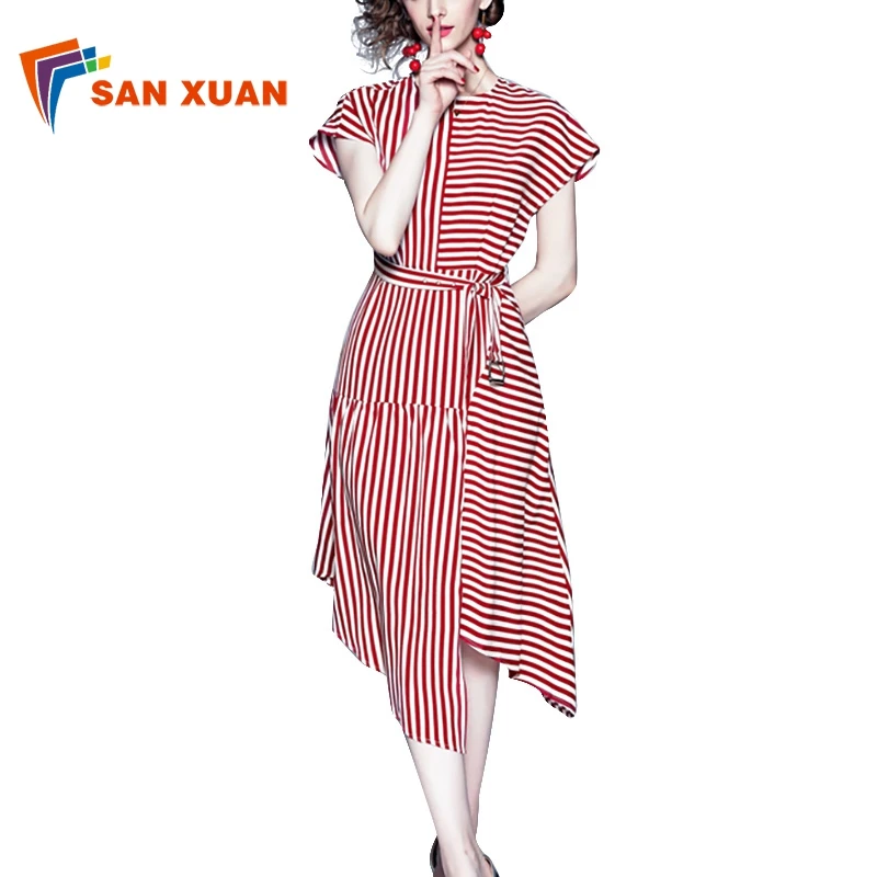 2019 new arrivals printed vintage graceful round collar short sleeve lace-up irregular casual ladies summer red striped dress