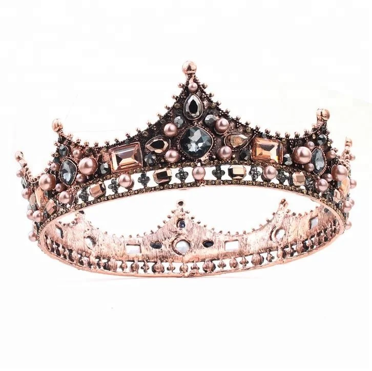 

FD Golden Vintage Bridal Queen Hair Crown with Diamond Pearl for Wedding, Bronze