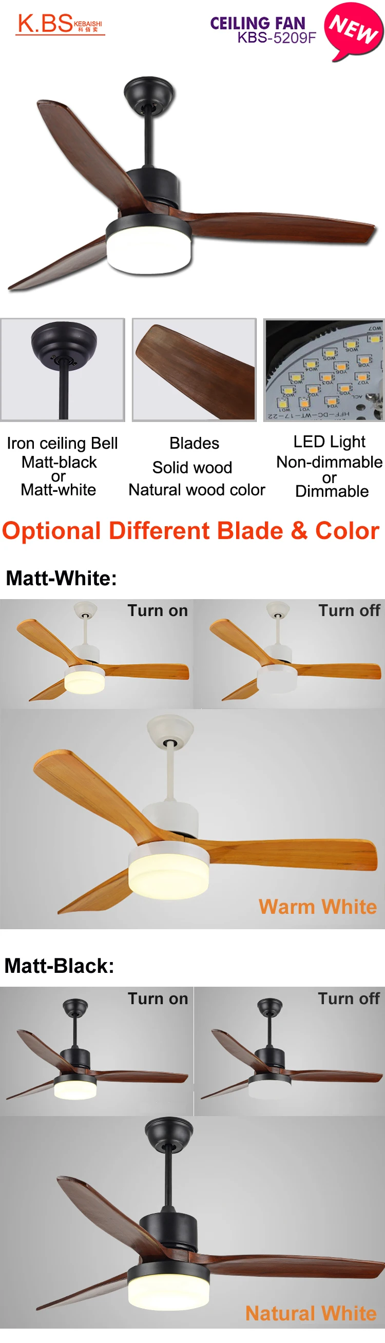 Modern Simple Design Decorative Wooden Blade Matte Black Ceiling Fan With Light