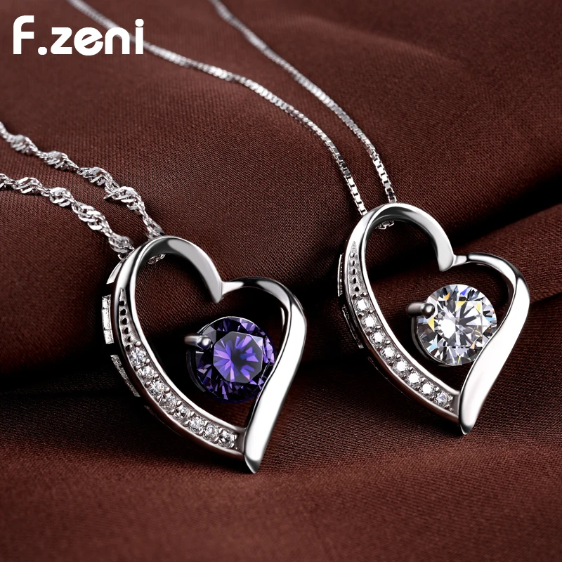 

925 Sterling Silver Statement Necklace,Fashion Korean Crystal Necklace Love Statement White Gold Heart Necklace, White / purple