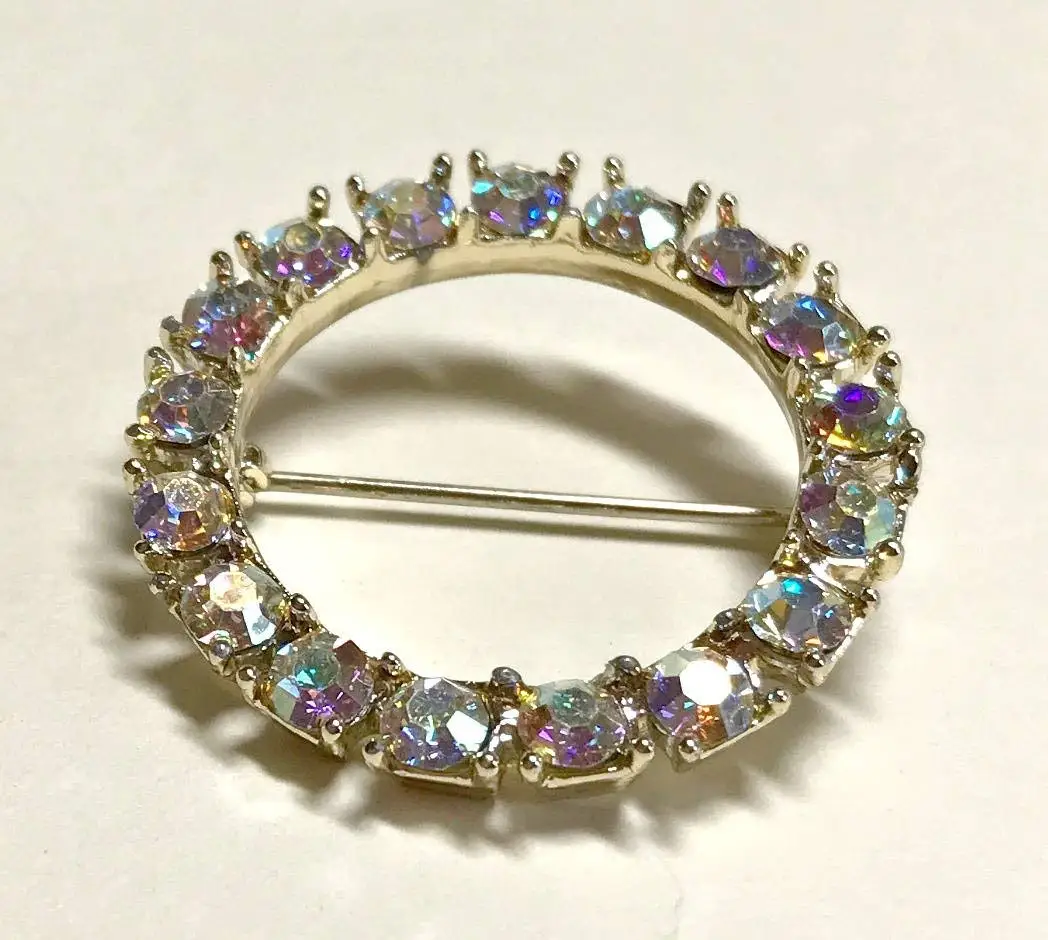 Vintage aurora borealis rhinestone circle brooch or pin, crystal brooch, rhinestone brooch, mid century modern brooch