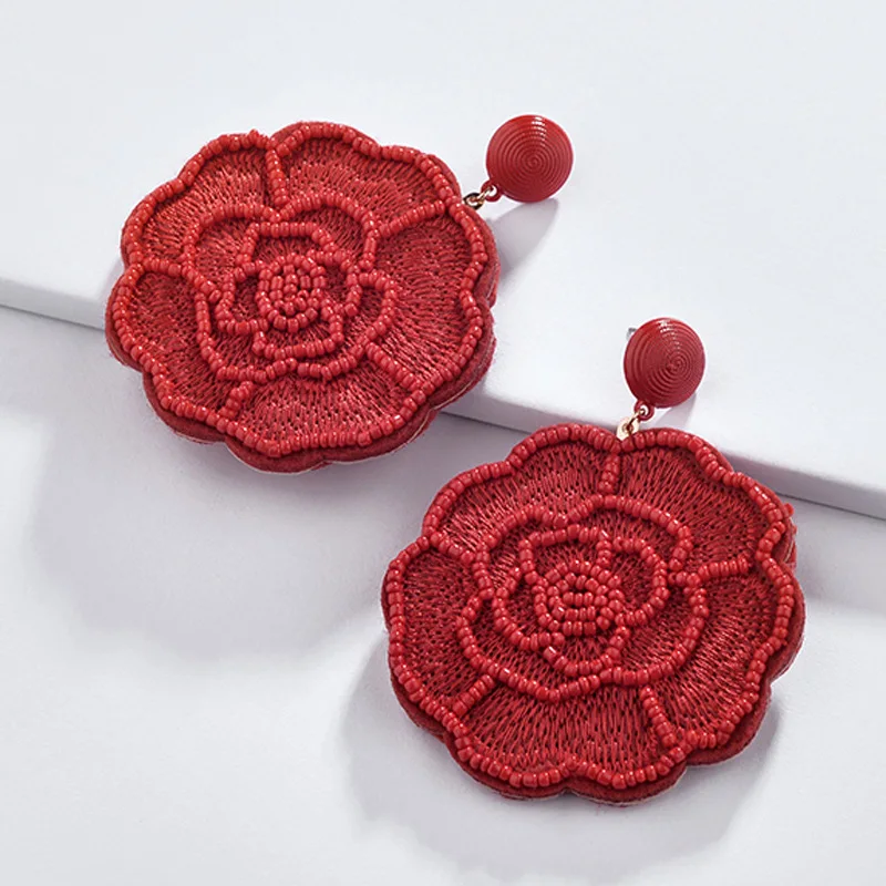 

Barlaycs Fashion Statement Boho Big Red Resin Beaded Flower Pendant Earrings for Women Jewelry