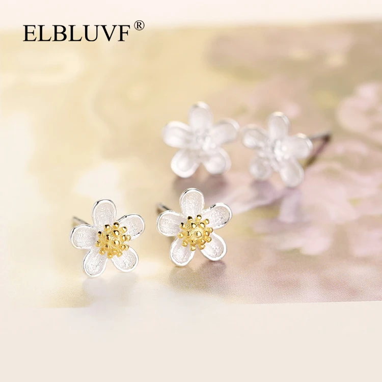 

ELBLUVF 925 Sterling Silver Yellow Womens Petal Flower Shape Stud Earrings Jewelry For Gift, Silver / gold