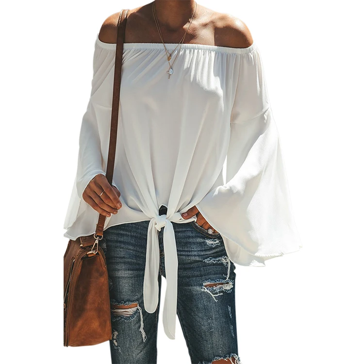 

White Women's Solid Color Off Shoulder Bell Sleeve Shirt Tie Knot Casual Blouses Tops, Shown