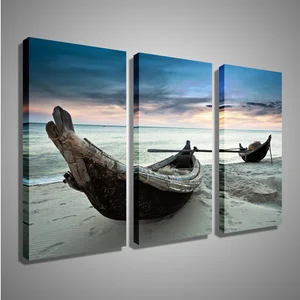 Image of Oil Painting Canvas Beach Landscape Boat Wall Art Decoration Home Decor On Canvas Modern Wall Picture For Living Room 3PCS