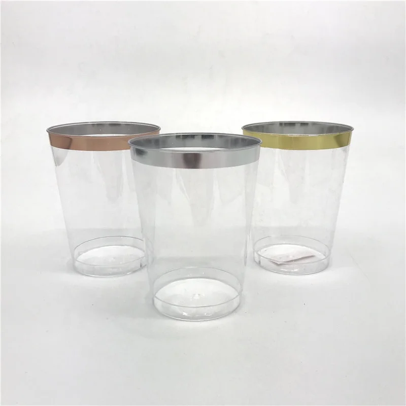 

10oz Rimmed Clear Hard Plastic Cup, Clear with gold/rose gold/ silver rim