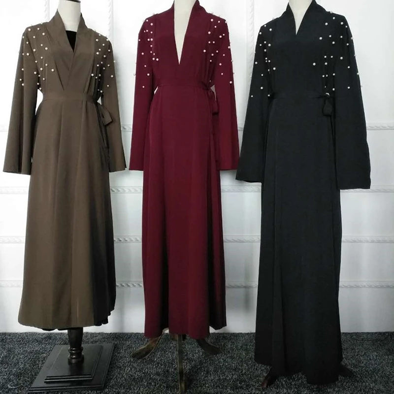 

New design front open abaya with pearl bead long sleeve muslim abaya women dress with lace cuff