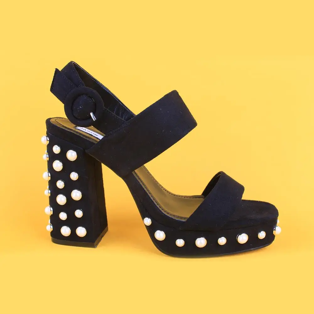 Black Studded Marikina Shoes Women Heel Summer Beaded Sandals 2017