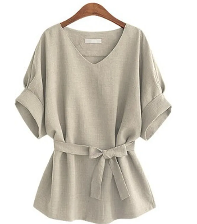 

Summer Women Blouses Linen Tunic Shirt V Neck Big Bow Batwing Tie Loose Ladies Blouse Female Top For Tops 5XL 10% off