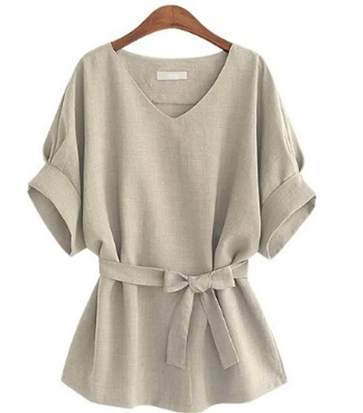 Summer Women Blouses Linen Tunic Shirt V Neck Big Bow Batwing Tie Loose Ladies Blouse Female Top For Tops 5XL 30% off