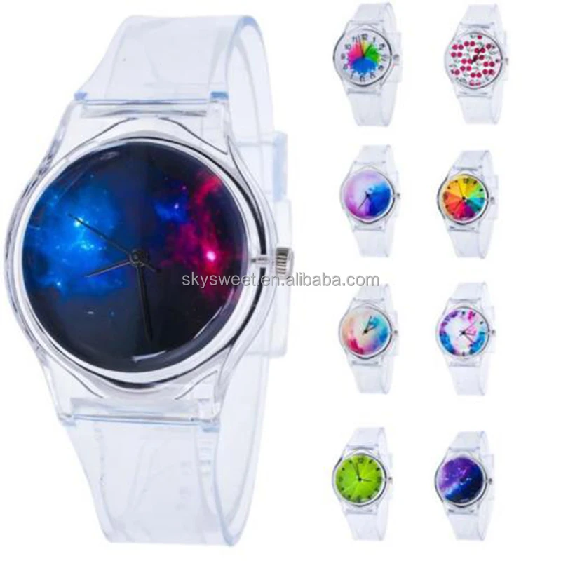 

Fashion Women Transparent Clear Band Plastic Gel Watch 13 Styles Jelly Silicone Analog Sports Wrist Watch, Picture shows