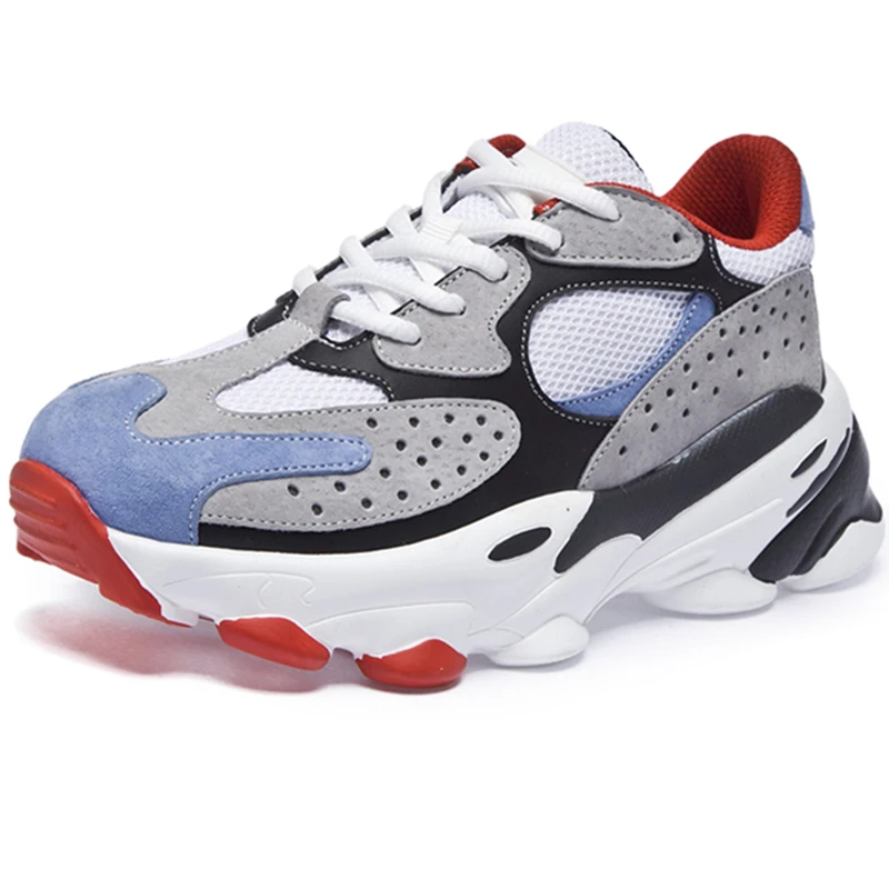 

Plus Size Women's Chunky Sneakers Genuine Leather Mesh Breathable Women Trainers 2019 Fashion Basket Lady Platform Shoes, Black blue gray white