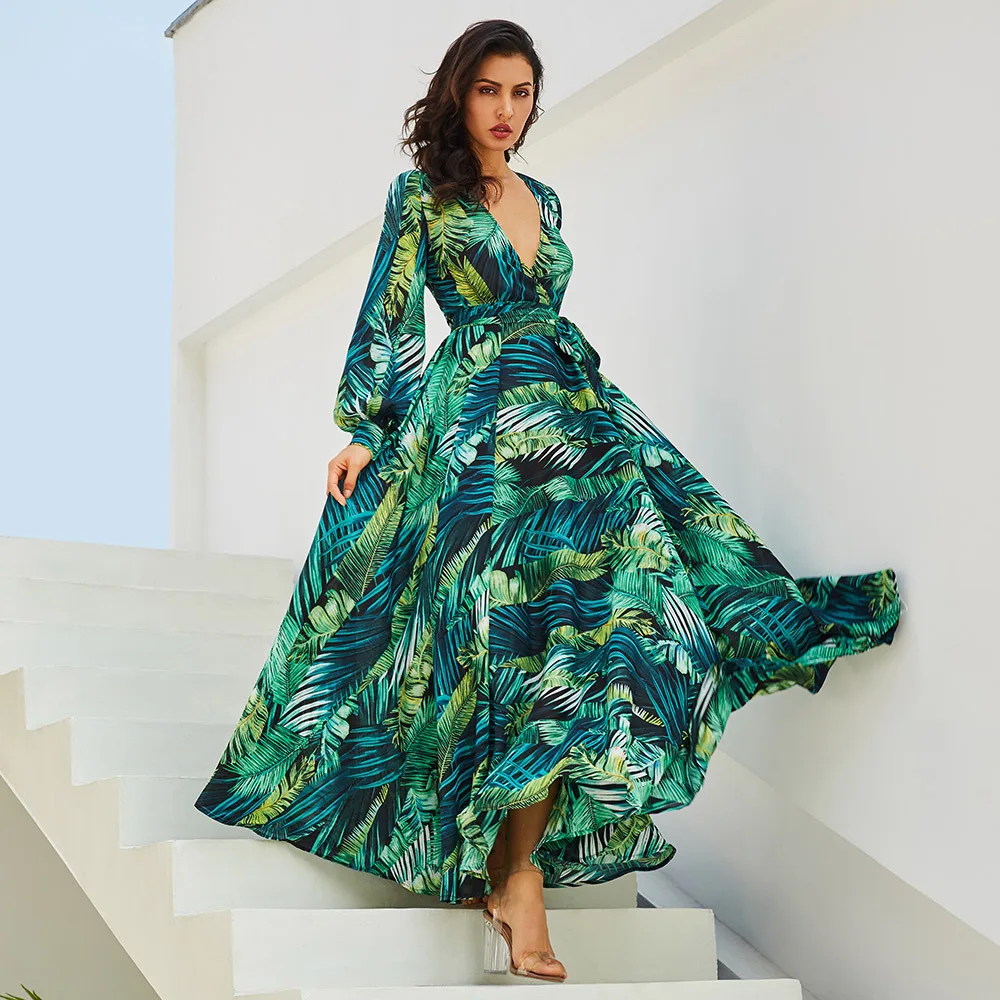 

Long Sleeve Dress Green Tropical Beach Vintage Maxi Dresses Boho Casual V Neck Belt Lace Up Tunic Draped Plus Size Dress 50% off, Can be customized