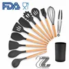 Custom Wholesale FDA Non-Stick Eco-friendly Non Stick 9 11 pcs Black Silicone Kitchenware Utensil Sets with Bamboo Wood Handle