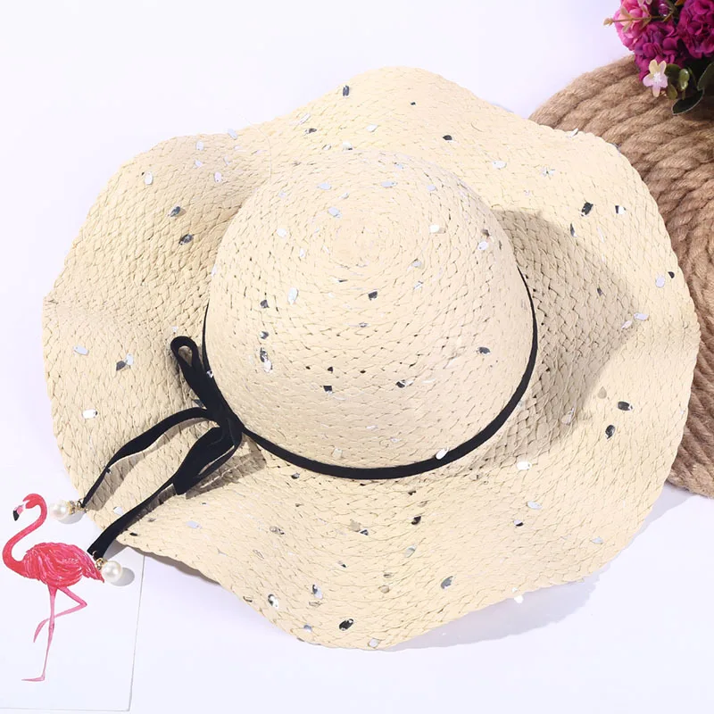 
Sun Straw Boater Hat Paillette Design Paper Sweet Style Summer Beach for Women Ribbon & Rope Adults Female IMAGE Plain 