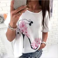 

2019 Women Short Sleeve High Heels printed tank top Beach Casual Loose Blouse Top Shirt