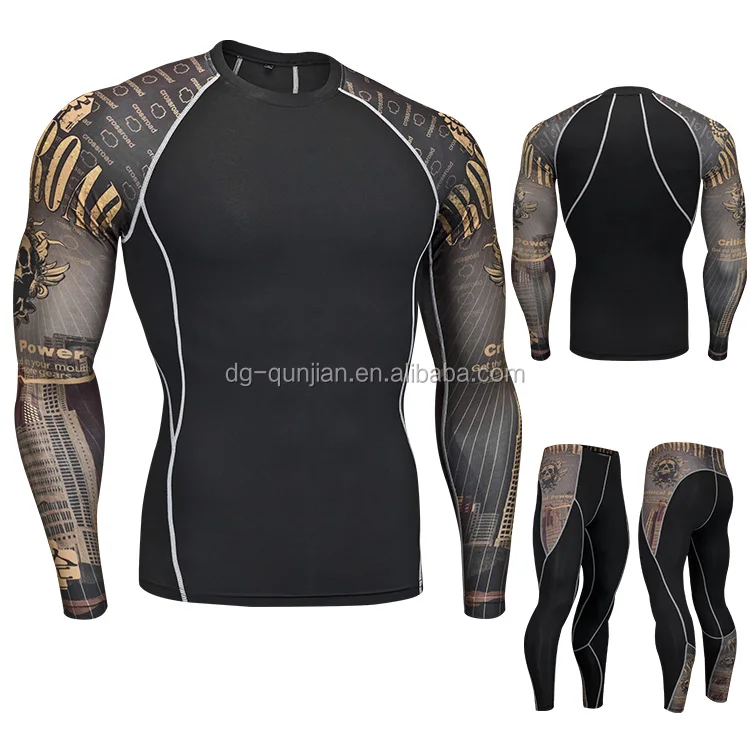 
2 Pieces Men Fitness Gym Suits Workout Rash Guard Running Leggings Sets Basketball Compression Tights 