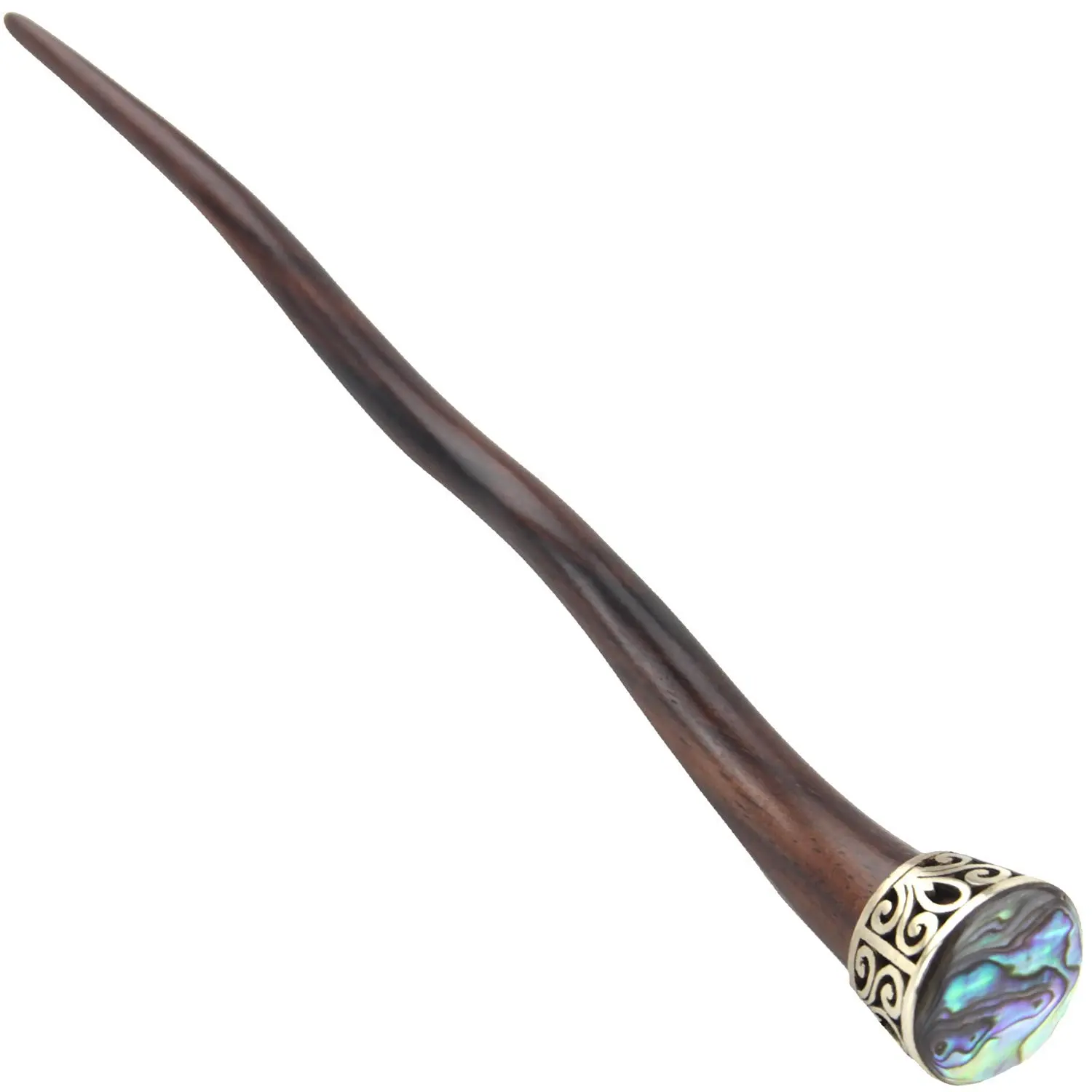 Evolatree - Hand Carved Wavy Sono Wood Hair Stick - Abalone Shell - Steel Filigree Wrap - 7"