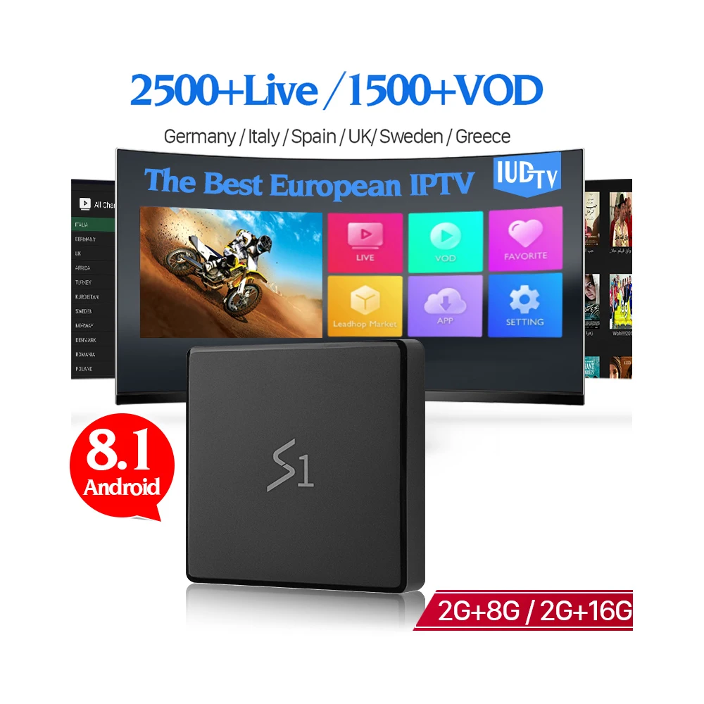 

S1 Smart TV Box Android 8.1 2GB RAM 8GB ROM with IPTV Europe IUDTV IPTV Subscription 12 Months, N/a