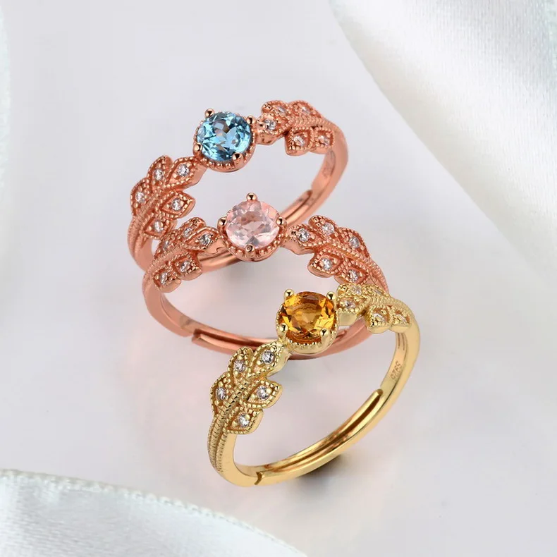 

New design rose gold leaves shaped ladies finger ring topaz, Picture