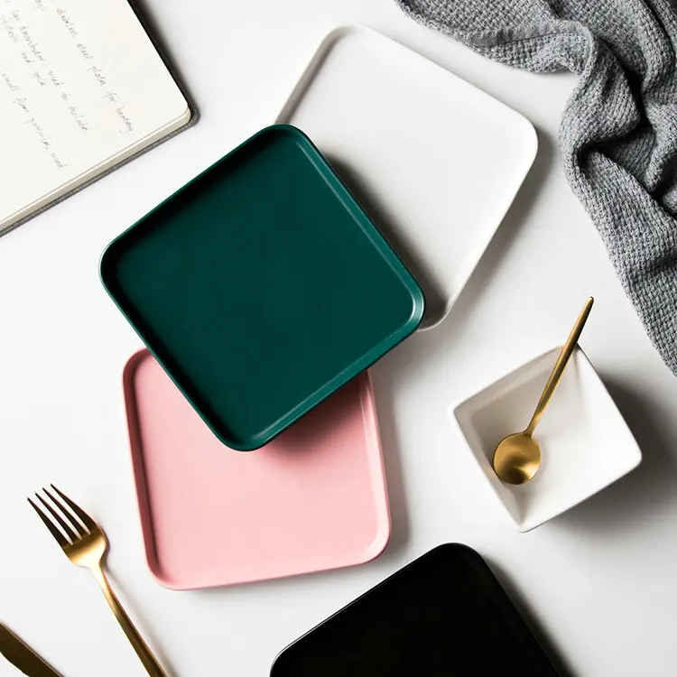 Custom logo matte glaze colorful square steak dinner plates for restaurant