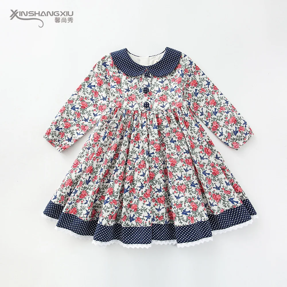 

High quality kids dress long sleeve 100% cotton floral casual baby girls dresses, Customized