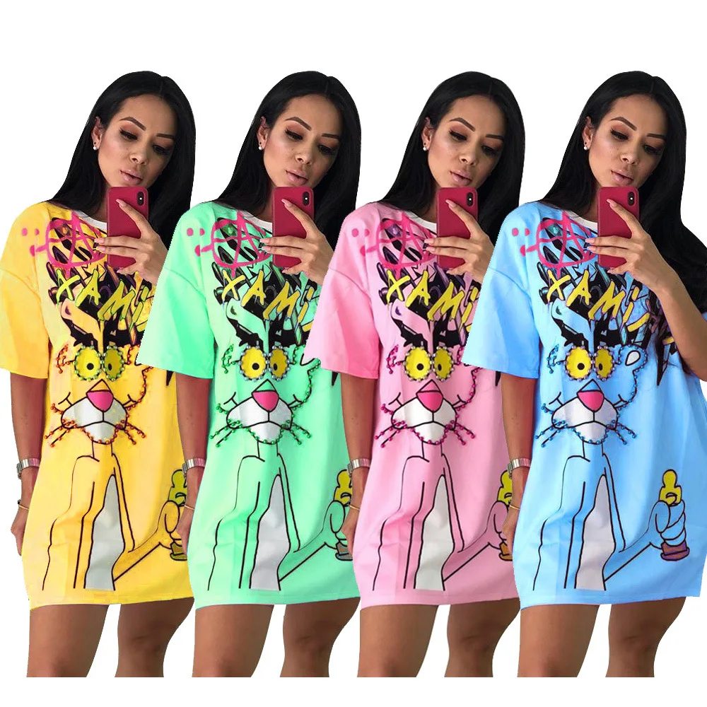 

Wholesale women fashion casual cartoon beading t shirt dress TC946