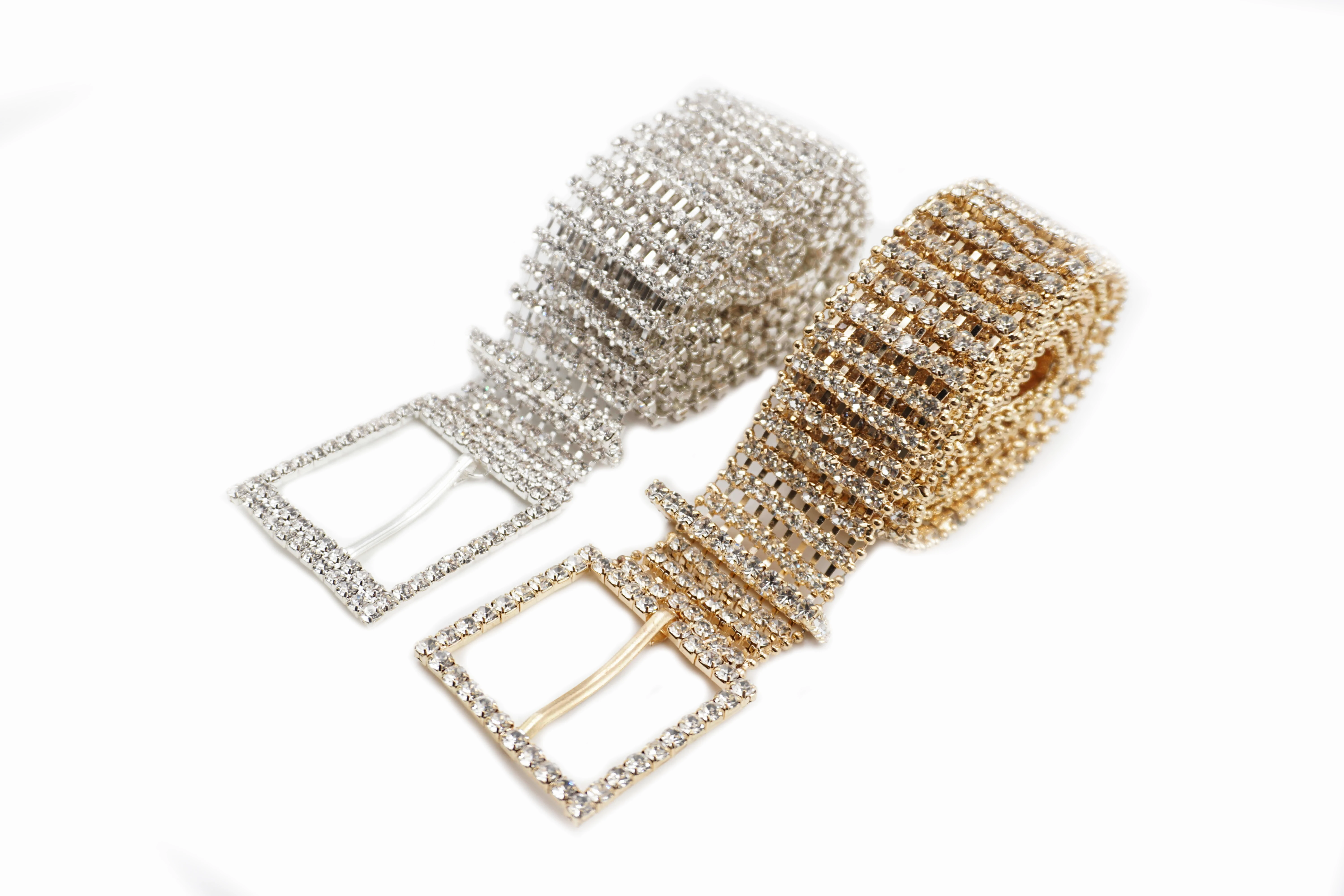 Gold color strass crystal belt Flat Strap Rhinestone Buckle Woman Belt