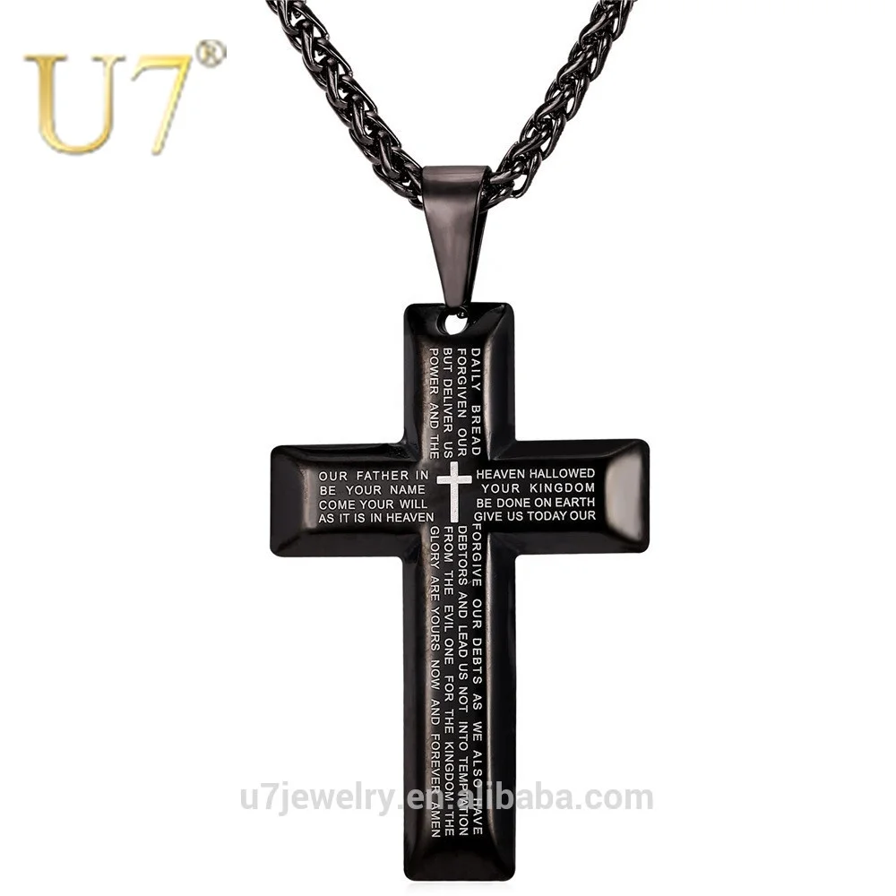 

U7 1Pc Free Shipping English Letter Scripture Payer Men Christian Jewelry Chunky 316L Stainless Steel Big Bible Cross Necklace, Gold/black/silver color