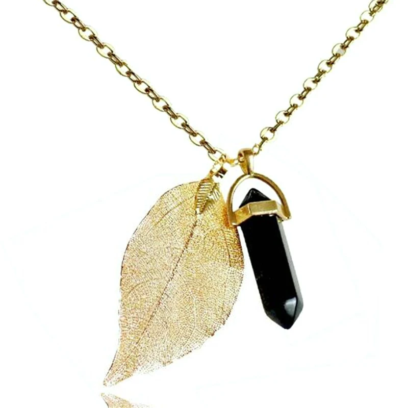 

Leaves and bullets natural stone black agate woman gold pendant necklace