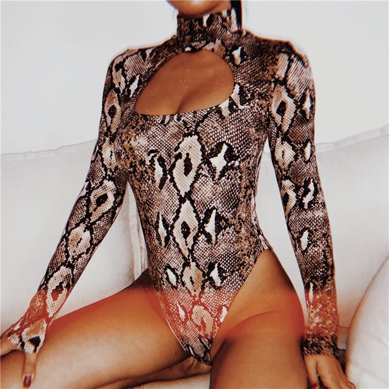

New Fashion Snake Skin Grain Print Long Sleeve High Neck Bodysuits Blouse Tops Women Street Sexy Snakeskin Bodysuit DNV10678, As picture